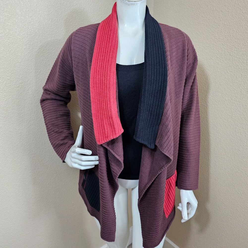 MARGARET WINTERS New York Cotton Open Front Colorblock Cardigan Sweater~Size M